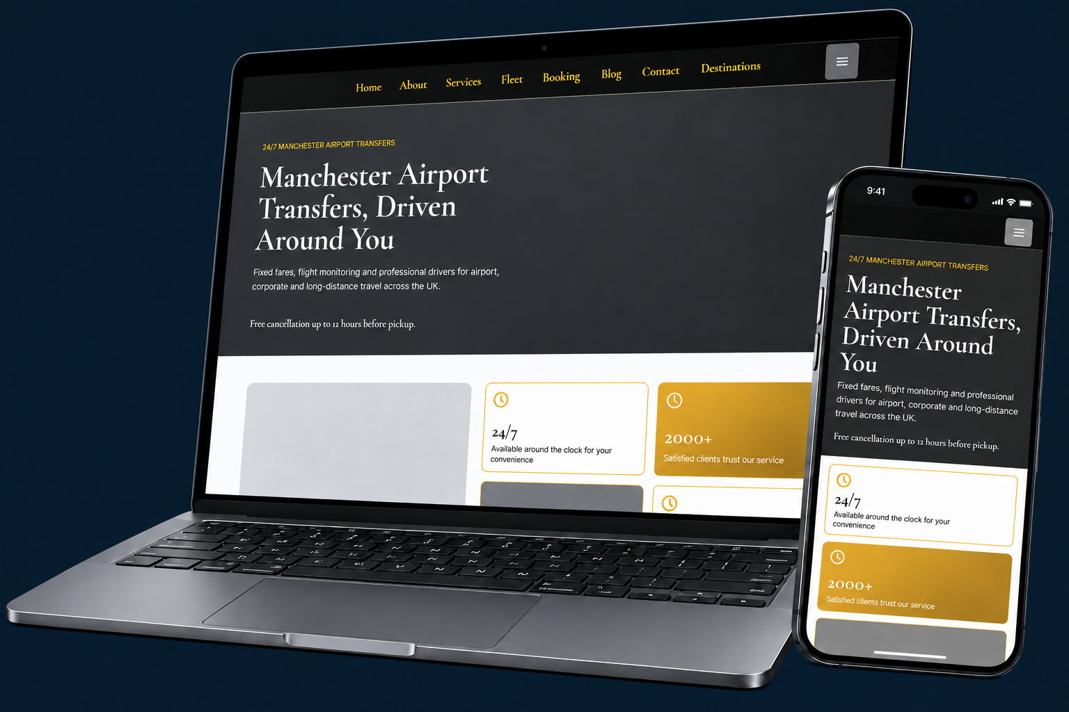 Manchester Executive Transfers website displayed on laptop and mobile phone